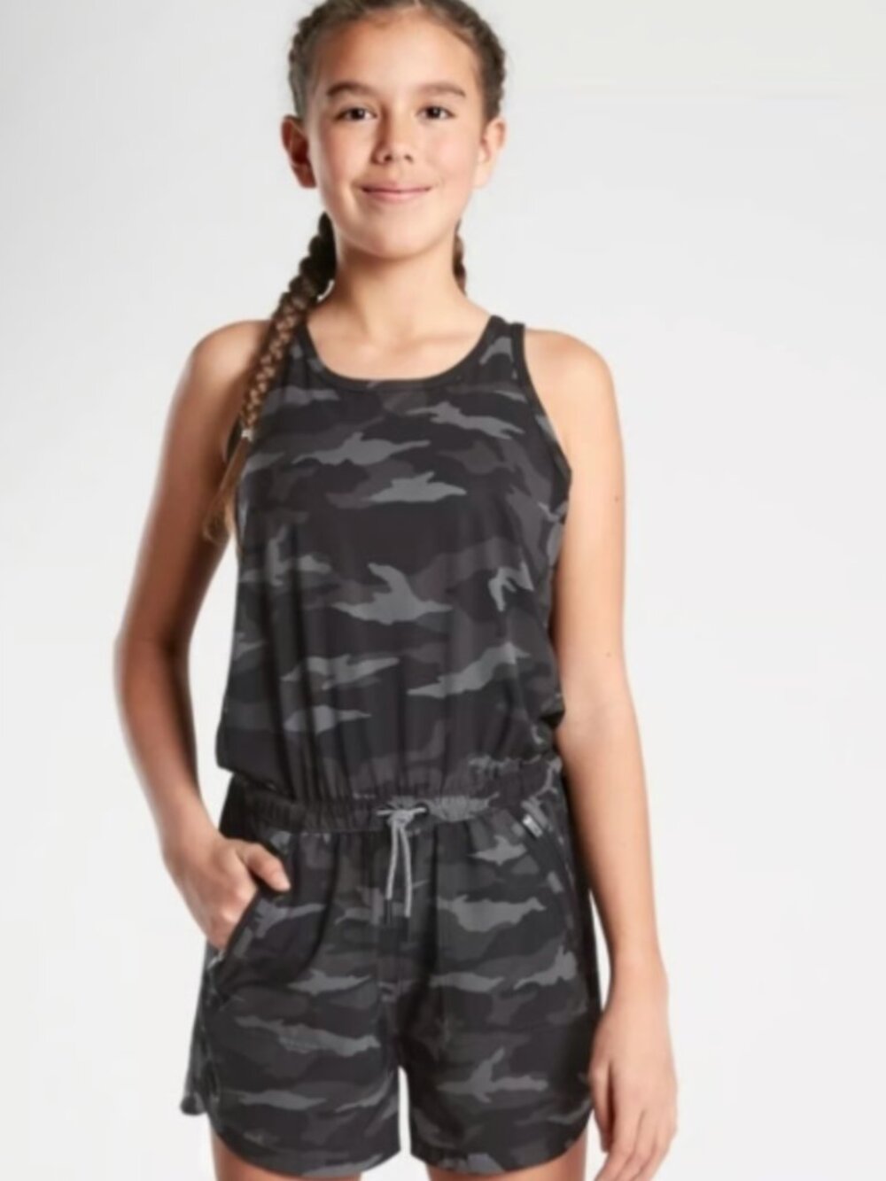 Athleta Girl On the Go Sleeveless Stretch Romper Black Camo Pockets, size XL/14